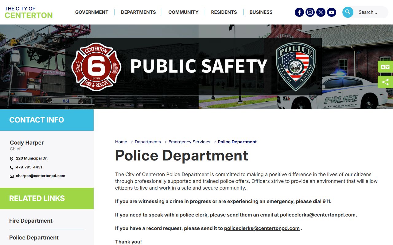 Centerton Police Department page with Centerton Jail Roster info