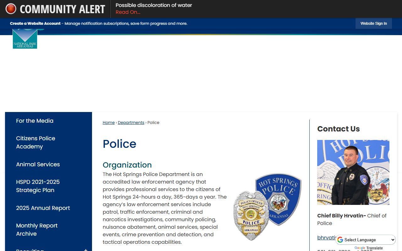 Hot Springs Police Department site used for Hot Springs Jail Roster questions