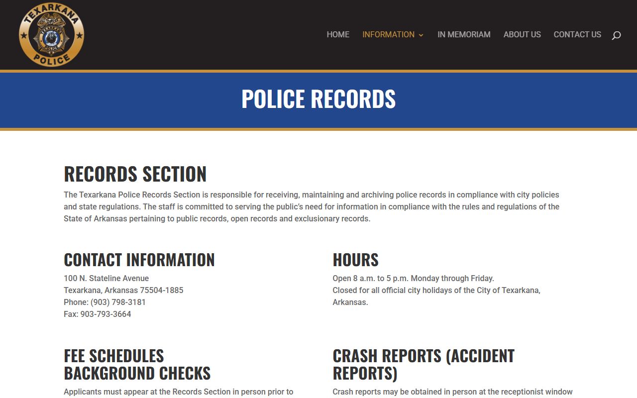 Texarkana Arkansas Police records page for Jail Roster FOIA requests