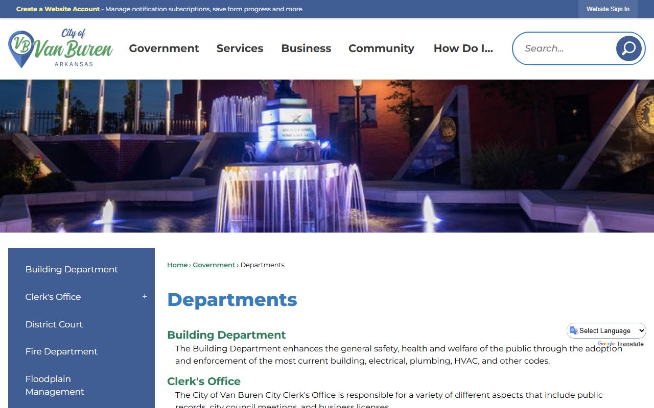 City of Van Buren departments page linked to Van Buren Jail Roster