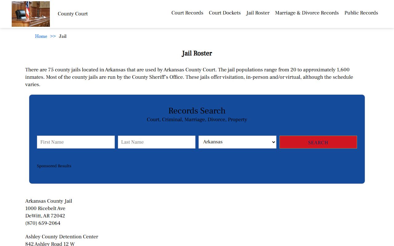 Arkansas County Jail Roster page with contact info for DeWitt jail