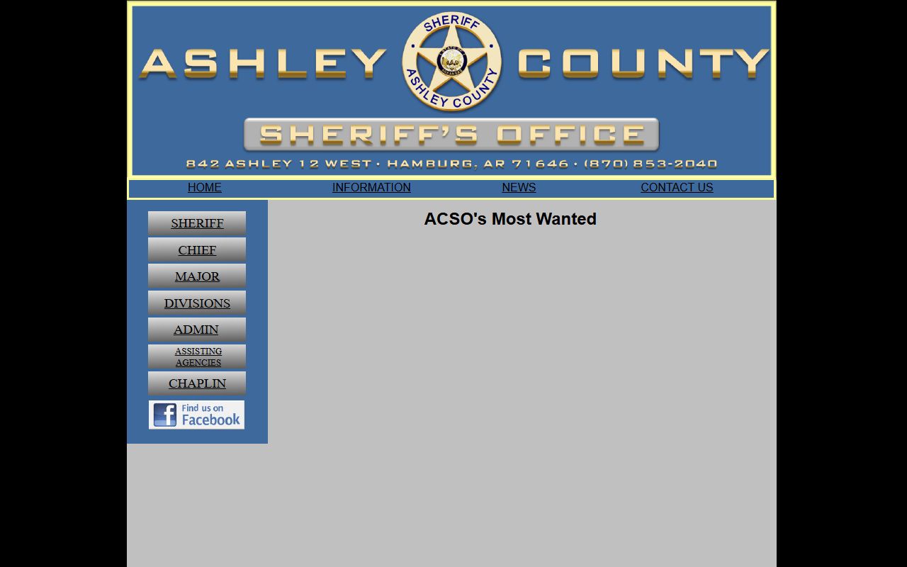 Ashley County Most Wanted page tied to the Ashley County Jail Roster