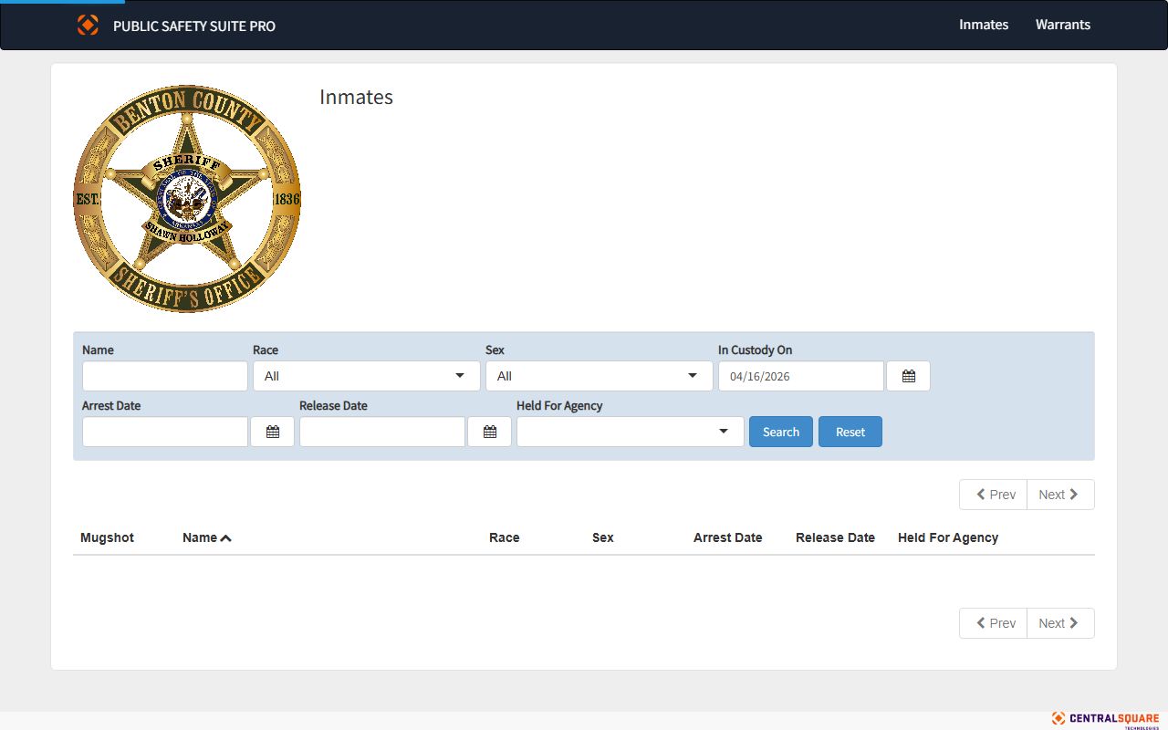 Benton County Jail Roster inmate list page in Arkansas
