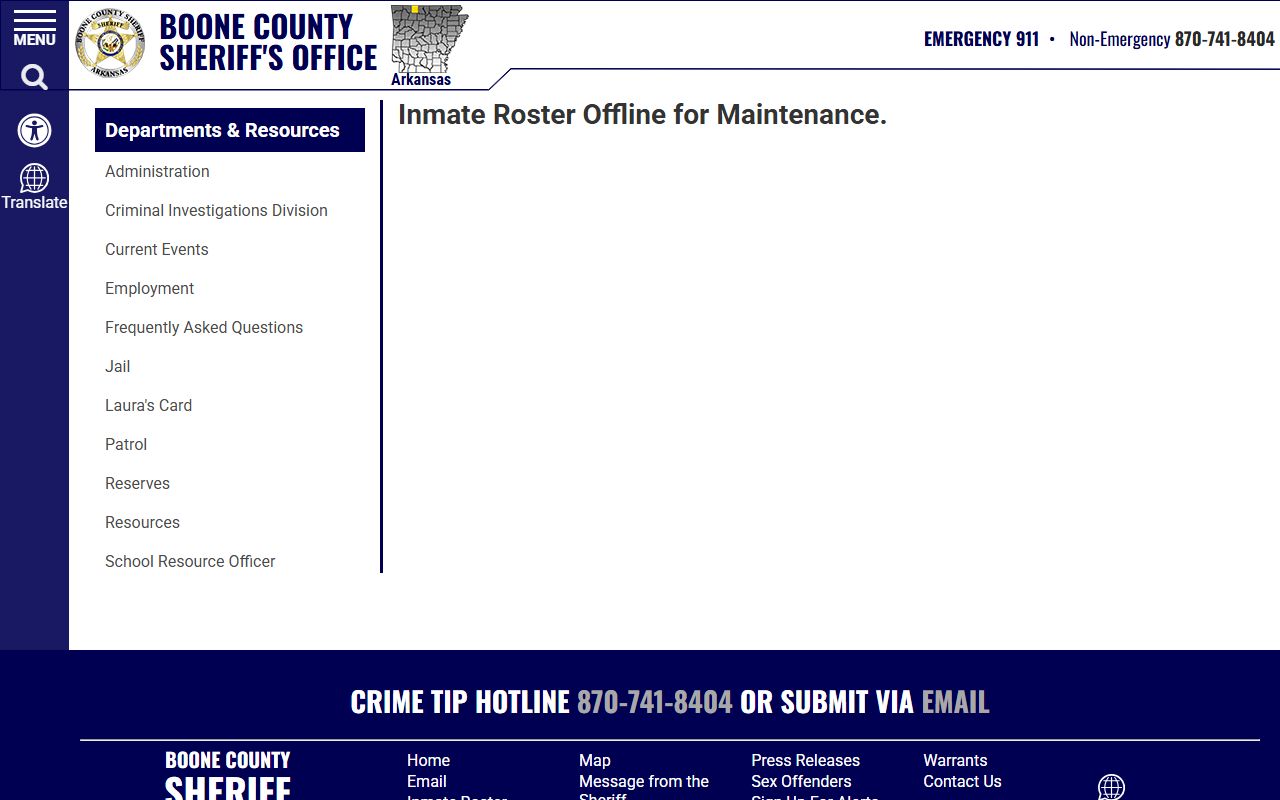 Boone County Jail Roster inmate list page for Arkansas