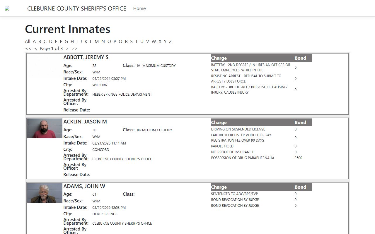 Cleburne County Jail Roster ISOMS portal live inmate page in Arkansas