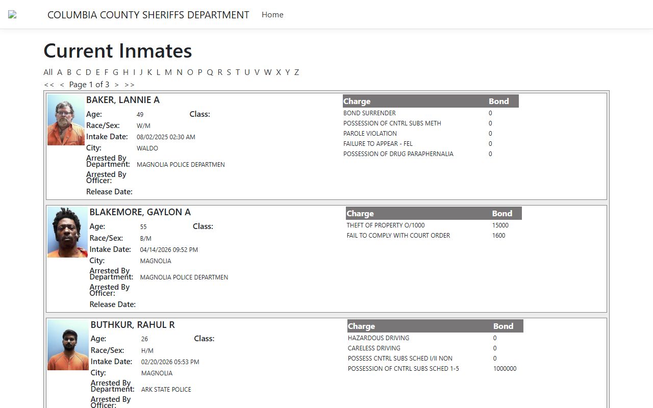 Columbia County ISOMS portal for the Columbia County Jail Roster in Arkansas