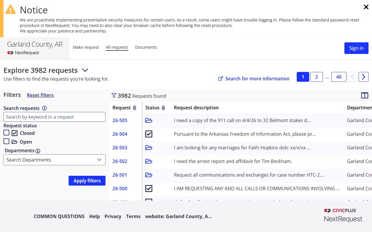 Garland County FOIA request portal for Garland County Jail Roster records