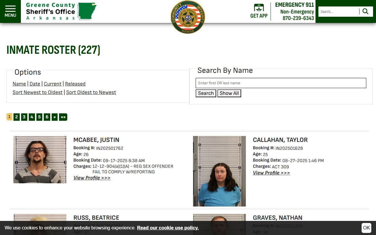 Greene County Jail Roster inmate search page in Arkansas