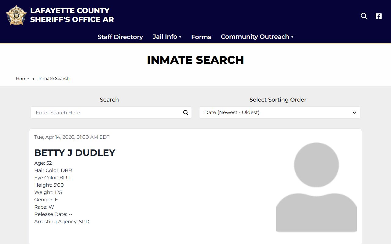 Lafayette County Jail Roster inmate search page in Arkansas