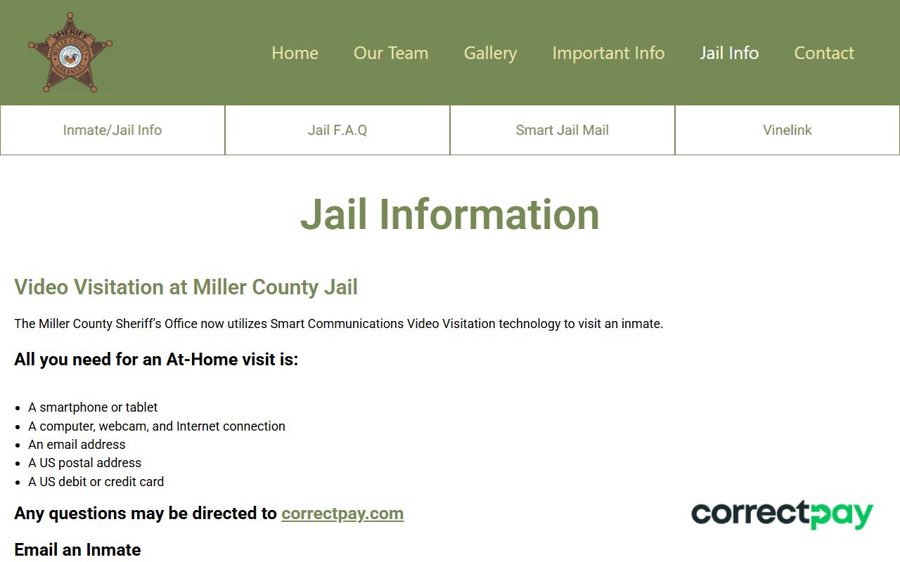 Miller County Jail Roster page on the Miller County Sheriff Office site in Arkansas