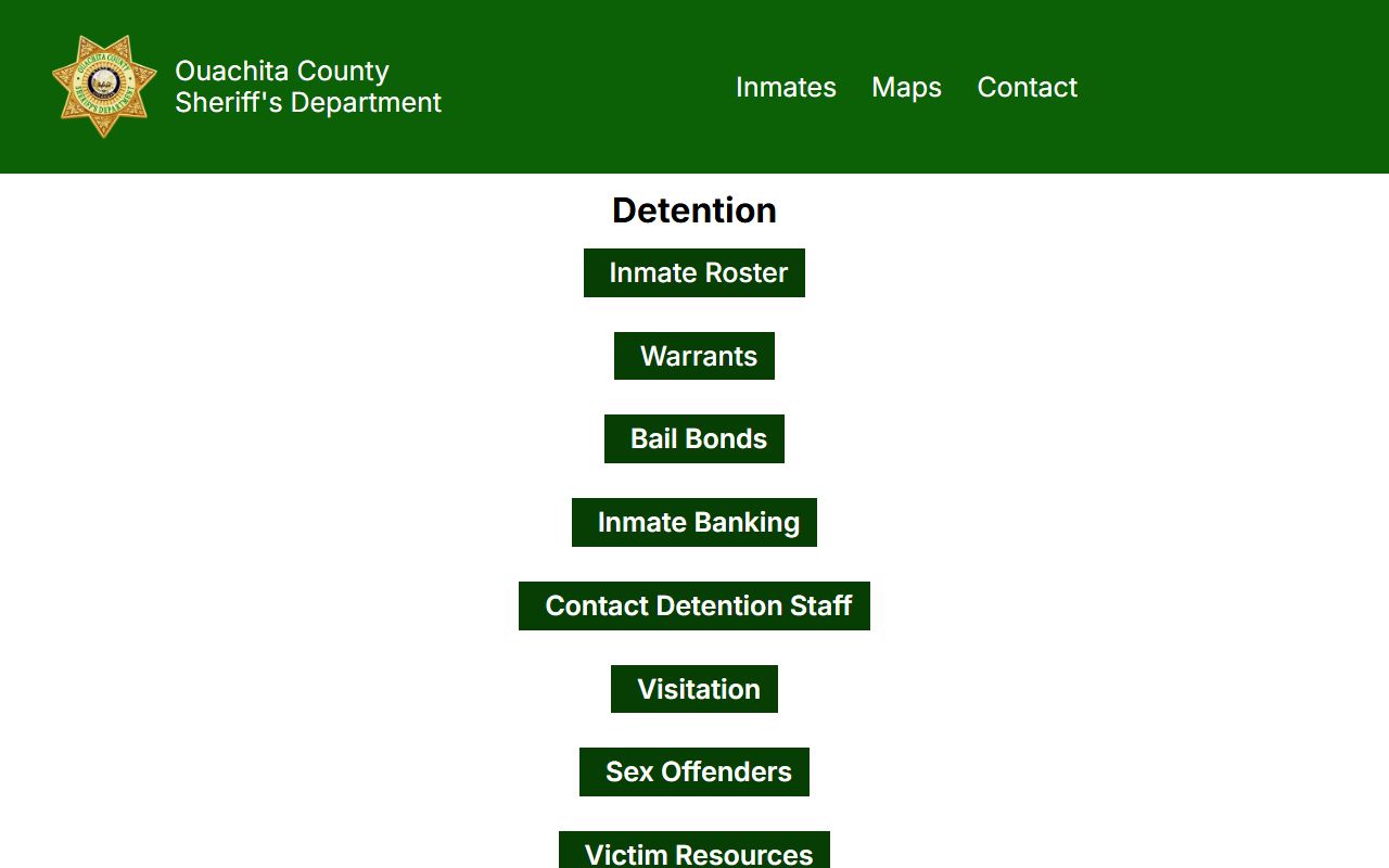 Ouachita County Detention Center landing page with Jail Roster links