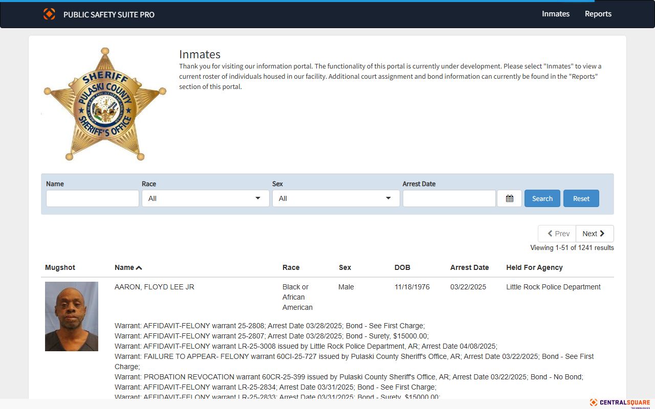 Pulaski County Jail Roster online inmate portal on Zuercher in Arkansas