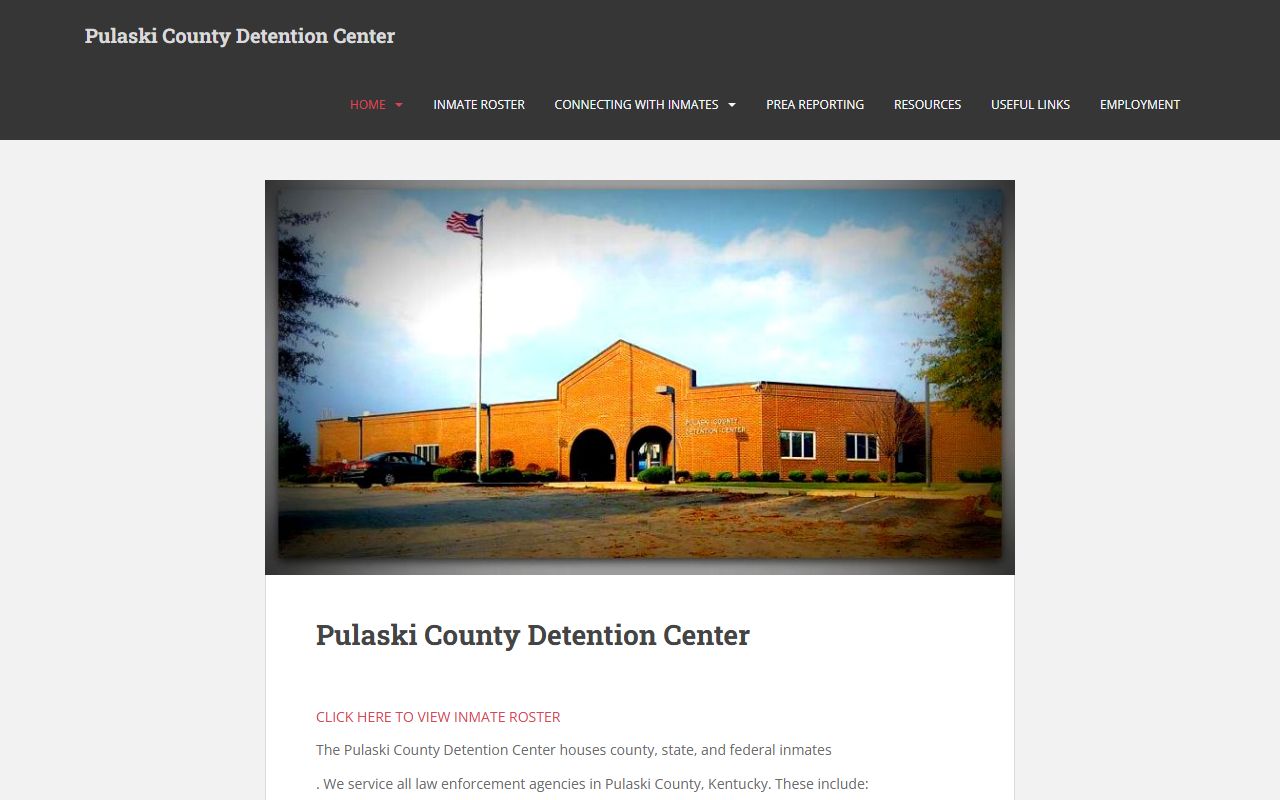 Pulaski County Jail website with links to the Pulaski County Jail Roster and visitor info