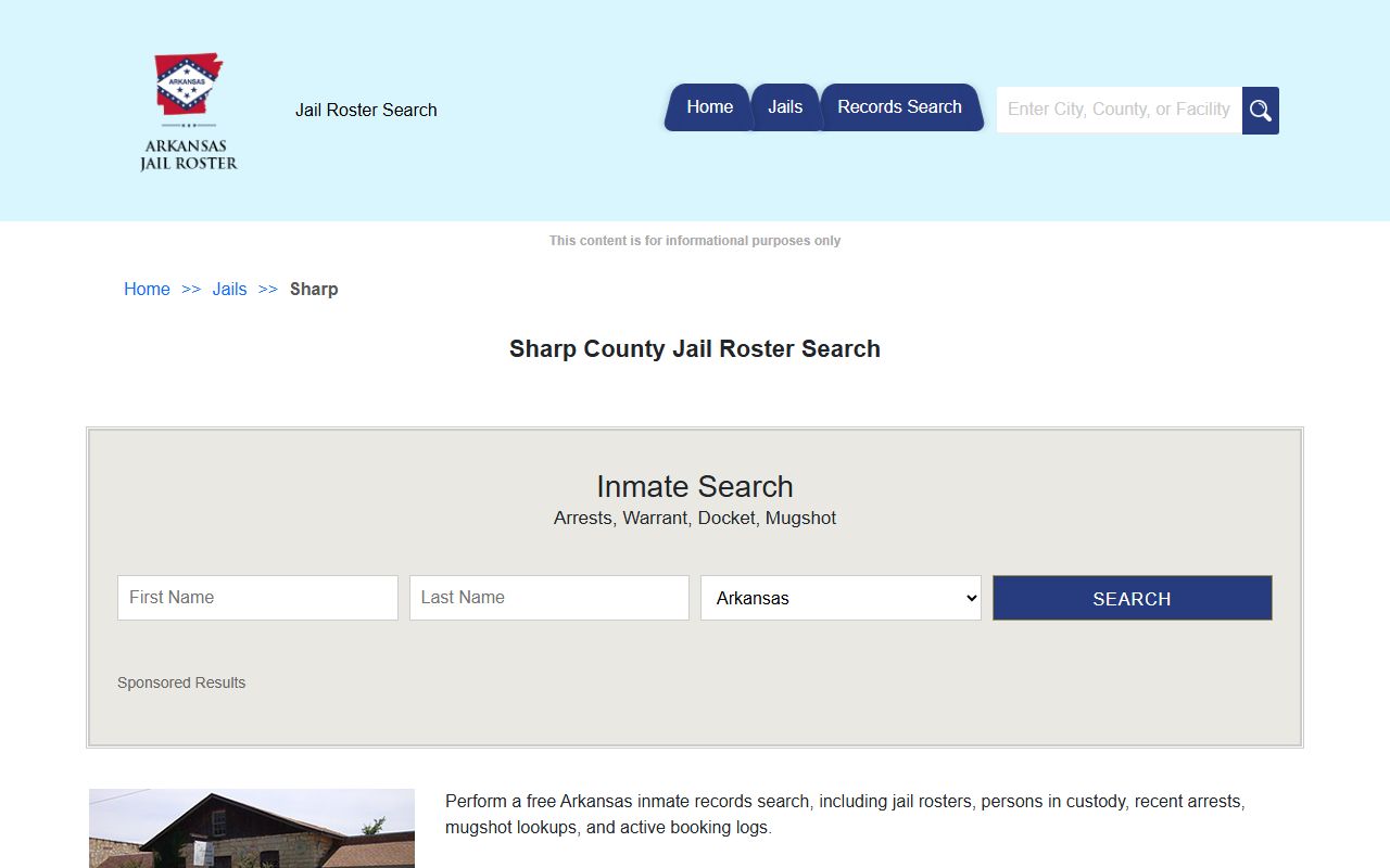 Sharp County Jail Roster search page covering Ash Flat Arkansas inmates