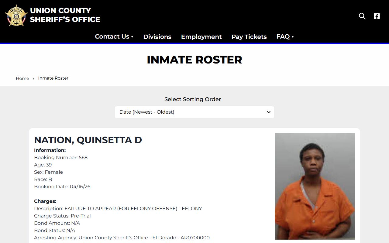 Union County Jail Roster page on the Union County Sheriff Office website in Arkansas