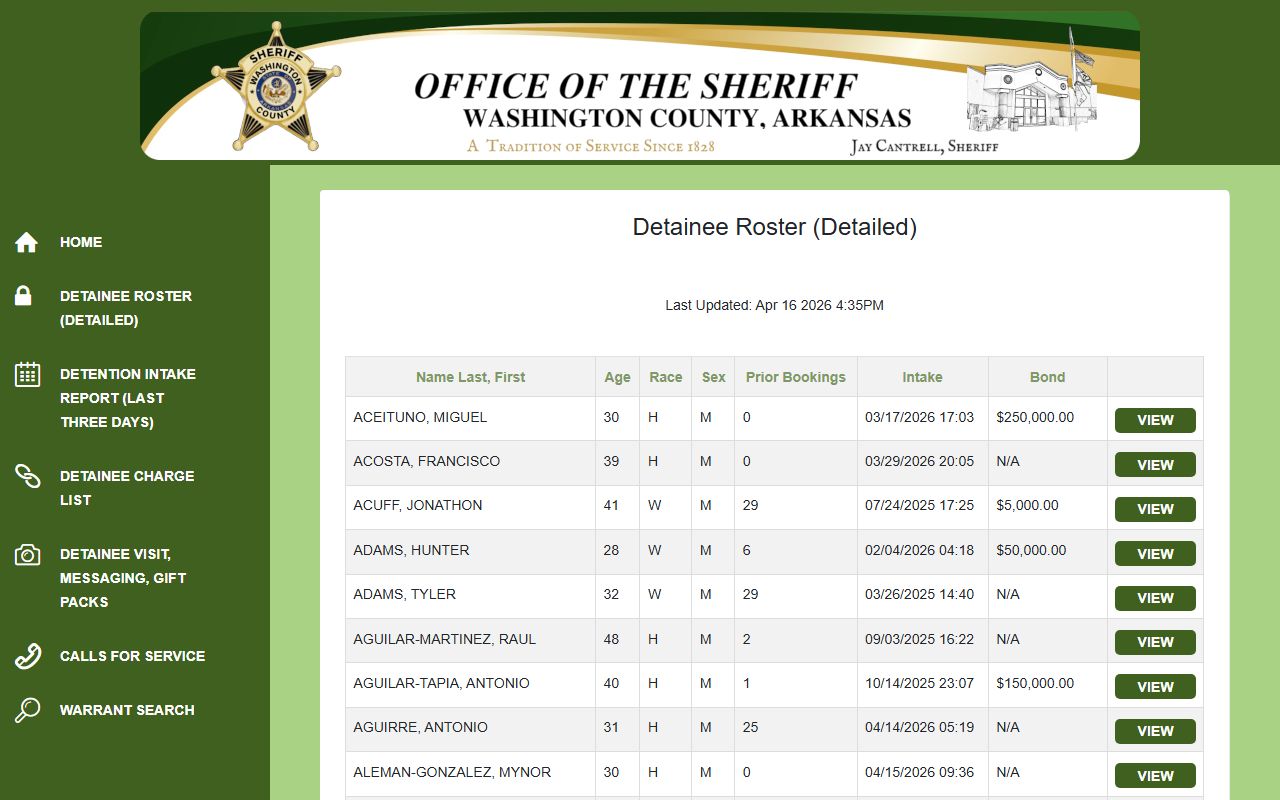 Washington County Jail Roster full alpha roster page at the Washington County Detention Center