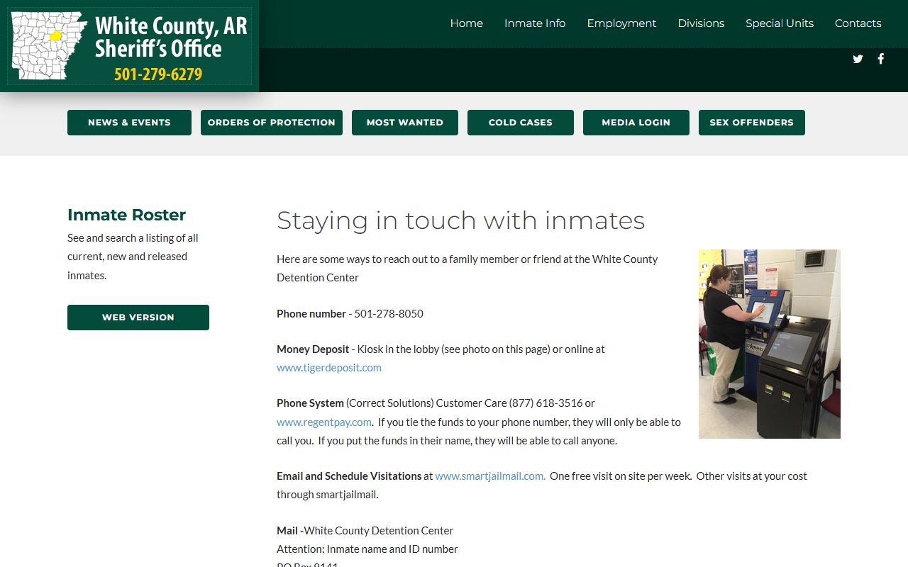 White County Jail Roster inmate information page from the White County Sheriff Office
