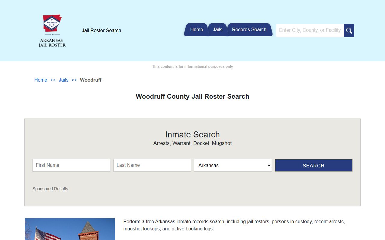 Woodruff County Jail Roster search page covering Augusta Arkansas inmates