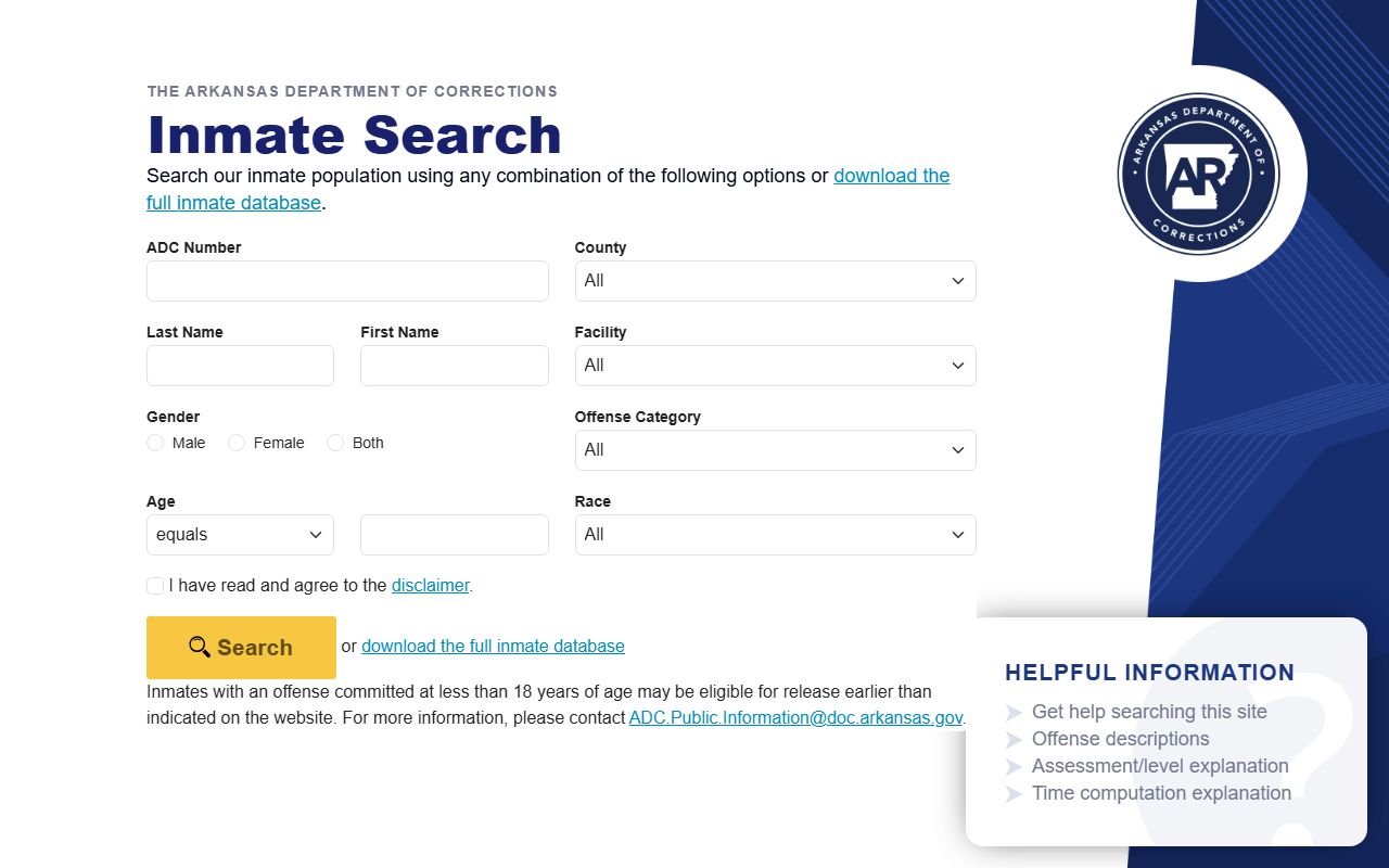 Arkansas Department of Corrections Inmate Search Portal screenshot for Arkansas Jail Roster lookup